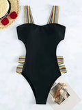 Splicing Black Contrast Women Swimwear One Piece Swimsuit Female Monokini High Cut Bather Backless Bathing Suit Swim Beachwear