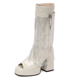 Plus Size Women White Patent Leather Fringe Tassel Mid Calf Boots Peep Toe Platform Block Heel Open Toe Party Club Heels