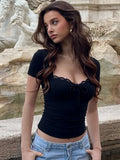 FDYOUI Women's Fashion Lace Patchwork T-shirt Streetwear Ladies Sexy Short Sleeve Bandage Tops Tees Y2K Slim Corset T Shirts