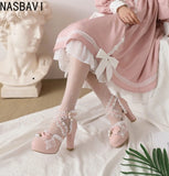 Blue White Ankle Sandals Girls Lace Strap Ankle Women High Heels Mary Janes Pumps Party Wedding Dress Bow Princess Lolita Shoes