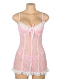 Pink Sexy Lace Ruffled Suspender Nightdress for Women Babydoll Lingerie Push Up Chemise Sleepwear