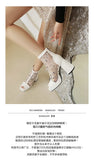 White Polka Dot Mesh Peep Toe Chunky Block Heel Platform Back Zipper Ankle Sandal Boots for Women