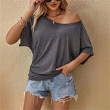 Loose Bat Wing Casual T-Shirt Summer Loose One Shoulder Top