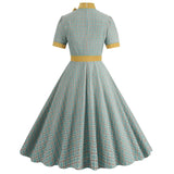 Retro Women's Plaid Dress Stand Neck Short Sleeve Cotton Dresses Lace Up Bow Tie Pleated Swing Vestidos Vintage Court Dresses
