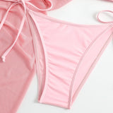 Women Pink Micro Mini String Bikini Sets 4 Pieces with Mesh Cover Tops and Skirt Swimsuit Bathing Suit Beach Outfits Biquini