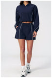 Summer Sun Protection Yoga Suit Women Contrasting Colors Long Sleeve Hoodies Top High Waist Shorts Running Fitness Athletic Wear