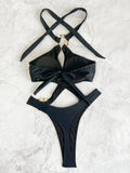Sexy Black Ring Bikinis One Piece Cross Hollow High Waist Bathing Suits Biquini Back Tie Swimwear Women Beach Monokini Beachwear