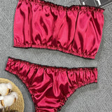 Women's Sexy Lingerie Set Black Lace Trim Strapless Tube Top + Shorts Solid Color Outfits Chest Wrap Backless Crop sleepwear