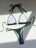 DEKA Sexy Brazilian Shiny Pearl Micro Bikini Faux Leather Swimwear Women Thong Swimsuit Halter Triangle Bikini Set Bathing Suit