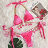 DEKA Shell Bikinis Sexy Swimsuit with Rhinestones Criss Cross Bikini Set Women Pink Push Up Bathing Suit Diamond Thong Swimwear