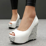 Plus Size Elegant Sequined White Chunky Platform Pumps Women's Black Pink Peep Toe Wedges High Heels Shoes for Party Wedding
