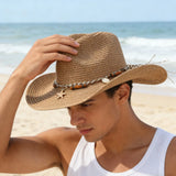 Women Men Straw Cowgirl Hat Starfish Shell Decor Western Panama Jazz Hat Summer Sun Hat for Travel Beach