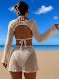 Long Sleeve Mesh Sheer Cover Up Halter Bikini Female Swimsuit Women Swimwear Three-piece Bikini Set Bathing Suit Swim Beachwear