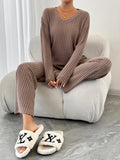 Autumn and Winter Casual V-neck Pocket Striped Knited Tops and Long Trousers Two-piece Sets, Women's Pajamas Set Sleepwear