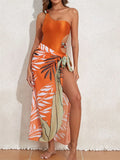 New One Piece Swimsuit Women Solid Orange One Shoulder Hollow Out Skirt Swimwear Set 2024 Summer Holiday Bathing Suit Beach Wear