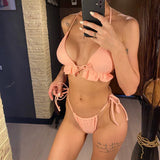 New With Sarong Halter Ruffled Bikini Women Swimwear Female Swimsuit Three-pieces Bikini Set Bather Bathing Suit Swim Lady V4144
