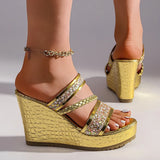 Gold Shiny Sequin Wedges Sandals Women Plus Size 42 Summer Chunky Platform Slippers Woman Crystal High Heel Party Shoes Ladies