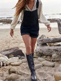 Women Denim Bib Overalls Adjustable Straps Shorts Romper with Pocket Casual Rolled Cuff Shortalls
