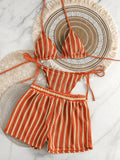 3PCS With Shorts Stripe Halter Fishnet Bikini Women Swimwear Female Swimsuit Three-pieces Bikini Set Bathing Suit Swim Beachwear