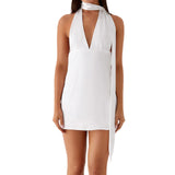 Women's Summer Satin Party Club Halter Dress Stylish Solid/Floral Print Deep V Neck Sleeveless Mini A-Line Dress with Scraf