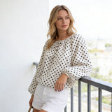 Women Puff Long Sleeve Crew Neck Spring Fall Tops Fashion Dot Print Casual Loose Fit Flowy Blouse