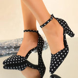 Fashion Polka Dot Ankle Buckle Pumps Women Plus Size 42 Pointed Toe High Heels Sandals Woman Elegant Thick Heel Party Shoes