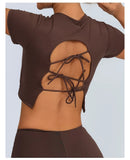 Yoga Short Sleeved T-shirt Women Hollow Back Bandage Tie Cross Sports Tank Top with Chest Gym Running Active Wear Fitness Shirts