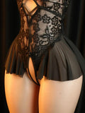 Women's Lingerie Sexy Lace Flower Print Semi Transparent Deep V-neck Hanging Neck Unobstructed Adult Style One-piece Dress