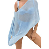 Combhasaki Women Knitwear Bikini Cover-up See-through Solid Off Shoulder Irregular Triangle Hem Loose Pullover Summer Beach Tops