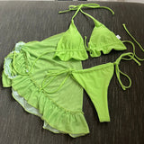 New With Sarong Halter Ruffled Bikini Women Swimwear Female Swimsuit Three-pieces Bikini Set Bather Bathing Suit Swim Lady V4144