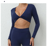 Long Sleeve Gym Crop Tops for Women Twist Deep V Workout Quick Dry Padded Sports Fitness Yoga T-Shirt