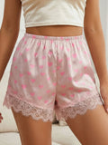 Summer Women’s Satin Lace Hem Shorts Elastic Waist Loose Fit Wide Leg Short Pants Casual Lounge Bottoms Solid Color