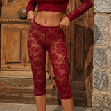 Women Burgundy Floral Lace Capri Leggings Sheer See Through Knee Length Pants High Waist Slim Fit Casual Summer Streetwear