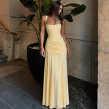 FDYOUI New Fashion Sleeveless Bandage Long Evening Dresses for Women 2026 Spaghetti Strap Lace-up Tunics Folds Party Prom Dress