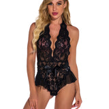 Lace See Through Open Crotch Bodysuit Dress for Women Sexy Lingerie Babydoll Costume Backless Halter Bodystocking Underwear