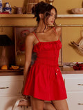Cotton Summer Red Short Dress Women Strapless Beach Mini Dress Casual Ruffles Spaghetti Strap Boho Party Sleeveless Dress