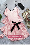 Women's Smooth Satin Pajamas V-Neck T-Shirt Ruffled Edges And Bow Shorts Simple And Breathable Pajama Set Sling Home Clothing
