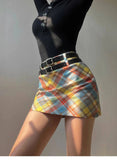 Plaid Double Waistband A-line Short Skirt  Women American Style Street High Waist Casual Collision Color Wrap Hip Skirt OJR7