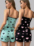 Women Pajama Set Summer Sleepwear Heart Love Pattern Cami Tops and Shorts Set Loungewear Soft Comfy Nightwear