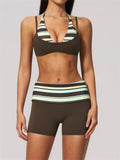 Breathable Striped Patchwork Yoga Clothing Women Fake Two-piece Sports Bra Folding High Waist Shorts Gym Running Fitness Suit