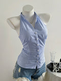 Summer Casual Shirt Women's Blue Striped Halter Top V Neck Button Down Sleeveless Slim Fit Blouse 2026 Y2K Style Streetwear