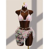 With Sarong Flower Printed Halter Bikini Female Swimsuit Women Swimwear Three-pieces Bikini set Bather Bathing Suit Swim V8321