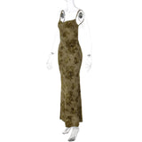 FDYOUI Sexy Elegant Chain Backless Green Floral Evening Dress for Women Sleeveless Bodycon Long Cocktail Dresses Party Club Gown