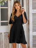 Summer Dress Women'S Fashion V Neck Short Flared Sleeved Wedding Guest Dresses Smocked Elastic Waisted Tiered Belted Ruffle Hem