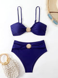 Strappy High Waist Bikinis 2026 Women Sexy Shell Swimsuit Solid Padded Swimwear Female Bathers Bathing Swimming Swim Suit