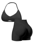 Sexy Black Polka Dot Print Seamless Yoga Sets Women Hanging Neck Pleate Sports Bra Tight High Waist Short Running Fitness Suits
