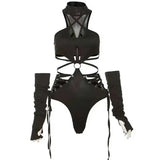 Hollow Out Sexy Cyber Y2k Bodysuits Gothic Mesh Patchwork Tops Female Glove Sleeve Mock Neck Bodysuit Fashion P4ZQ