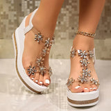 Rhinestone Flowers Wedges Sandals Women 2026 Luxury Crystals Chunky Platform Sandles Woman Clear Pvc Super High Heel Party Shoes