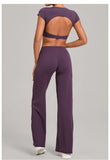 Women's Tracksuit Yoga Sets Back Hollow Out Short Sleeve Sports Shirts High Waist Straight Leg Pants Gym Running Fitness Suits