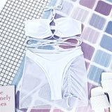 Wrap Around with Mesh Sarong Skirt Bikini Female Swimsuit Women Swimwear Three-pieces Bikini Set Beachwear Bathing Suit Swim